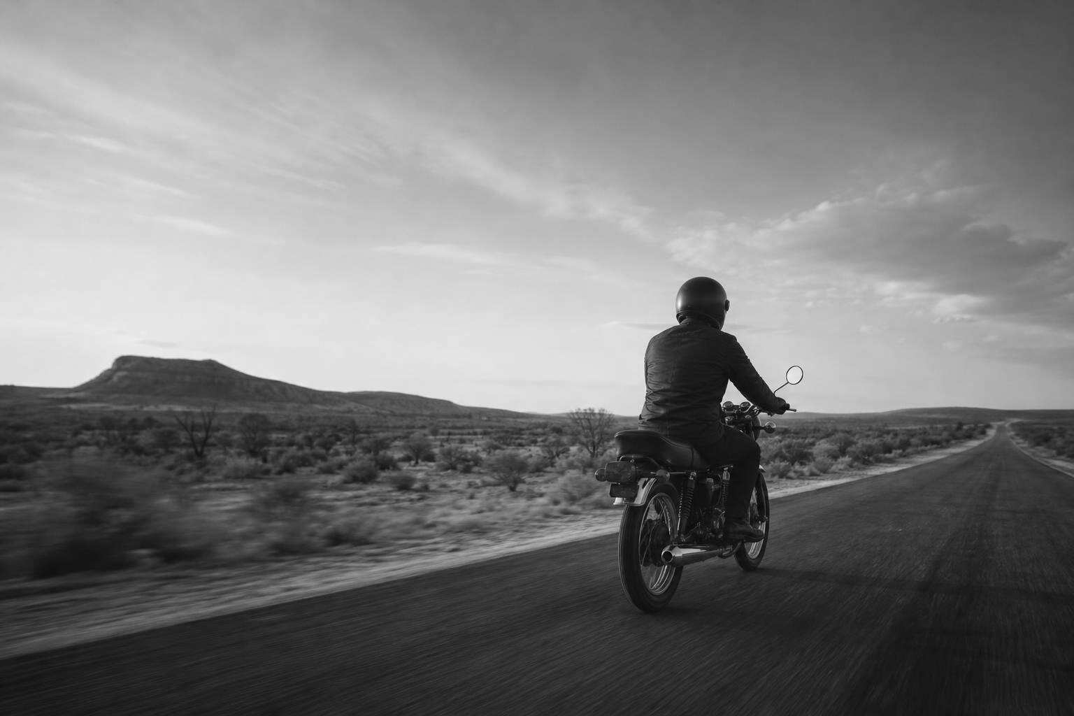 Motociclista en una carretera abierta de México al atardecer