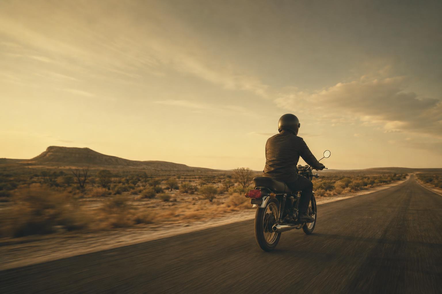 Motociclista en una carretera abierta de México al atardecer