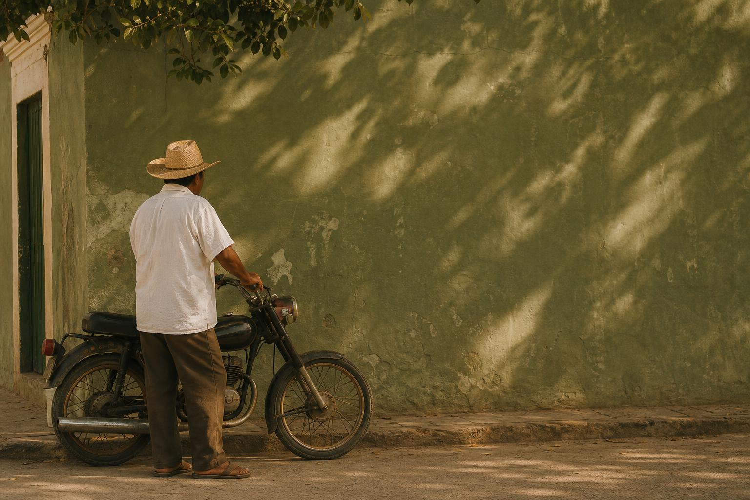 Hombre junto a su motocicleta frente a una pared verde en un pueblo de Yucatán